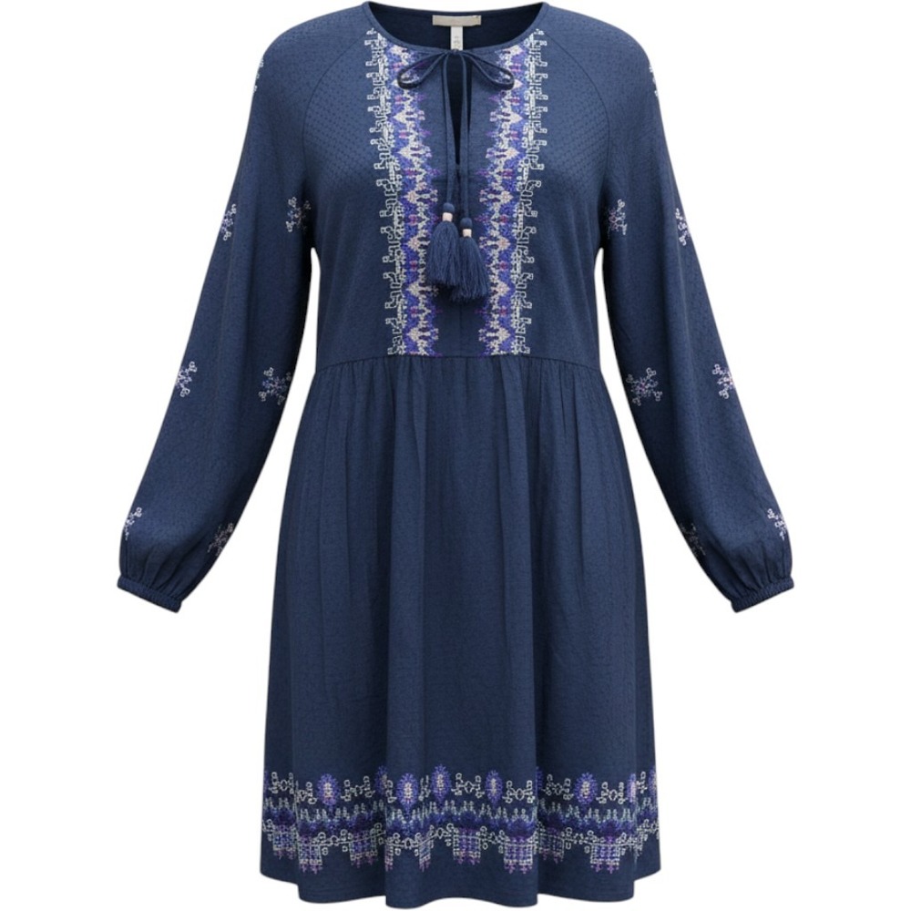 Knox Rose Womens Blue Embroidered Boho Mini Dress Tassel Tie Long Sleeve Size M